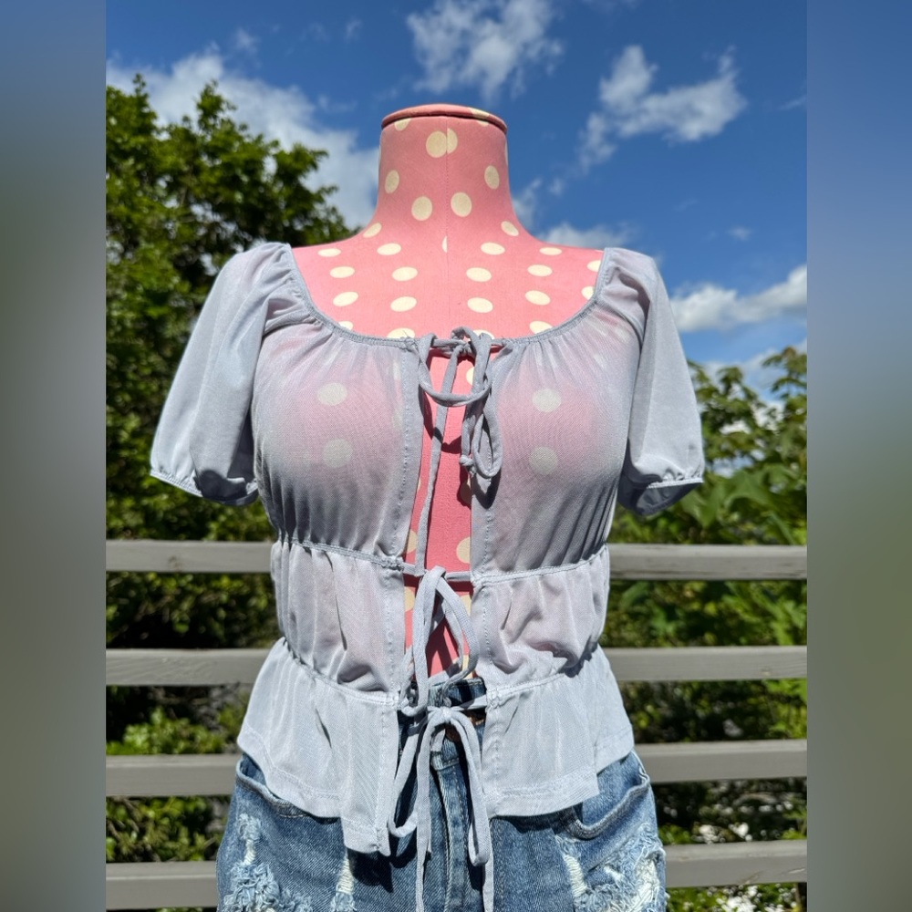 Blue Puff Sleeve Ruched Blouse with Tie Front